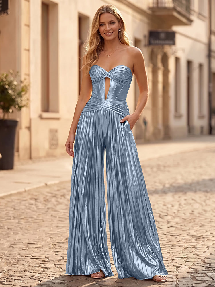 Metallic Satin Jumpsuit Sweetheart Long Evening Dresses with Pleats