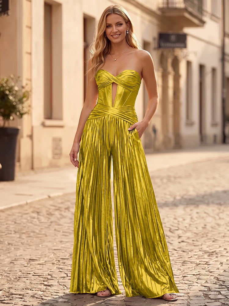 Metallic Satin Jumpsuit Sweetheart Long Evening Dresses with Pleats