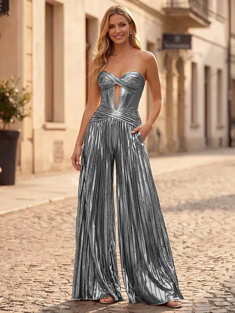 Metallic Satin Jumpsuit Sweetheart Long Evening Dresses with Pleats