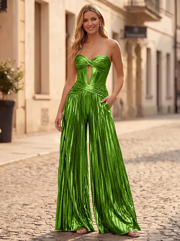 Metallic Satin Jumpsuit Sweetheart Long Evening Dresses with Pleats