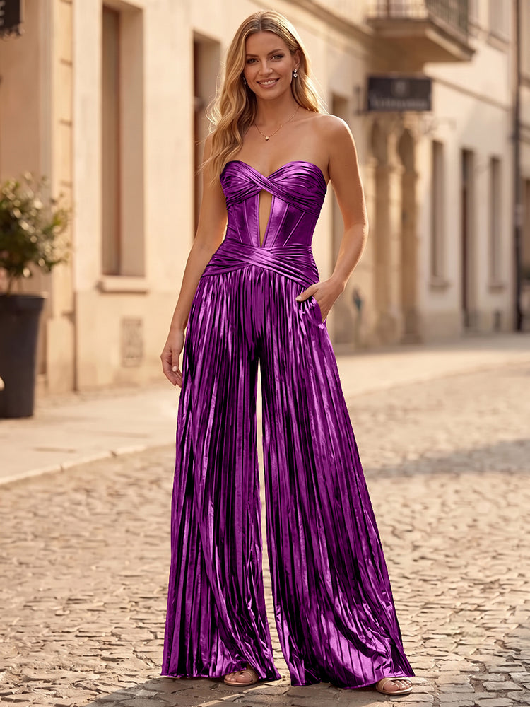 Metallic Satin Jumpsuit Sweetheart Long Evening Dresses with Pleats