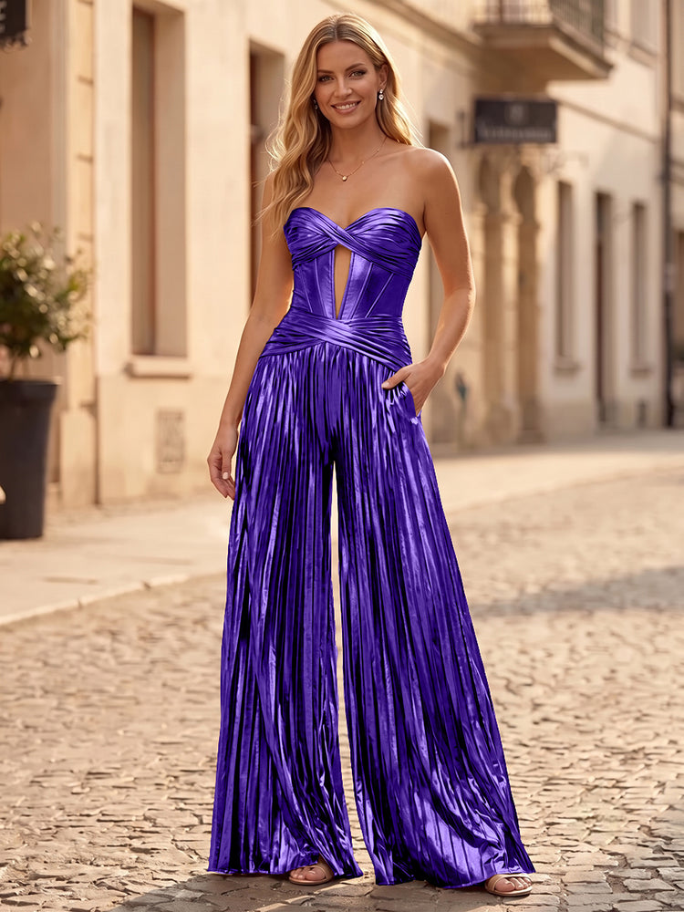 Metallic Satin Jumpsuit Sweetheart Long Evening Dresses with Pleats