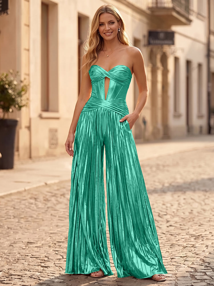 Metallic Satin Jumpsuit Sweetheart Long Evening Dresses with Pleats