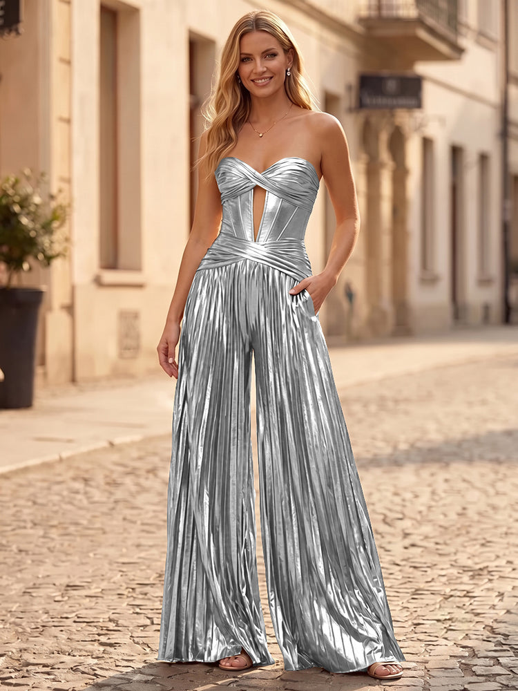Metallic Satin Jumpsuit Sweetheart Long Evening Dresses with Pleats