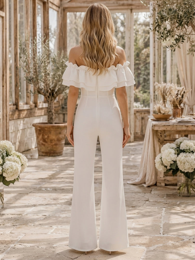 Satin Jumpsuit Off the Shoulder Long Evening Dresses with Ruffles