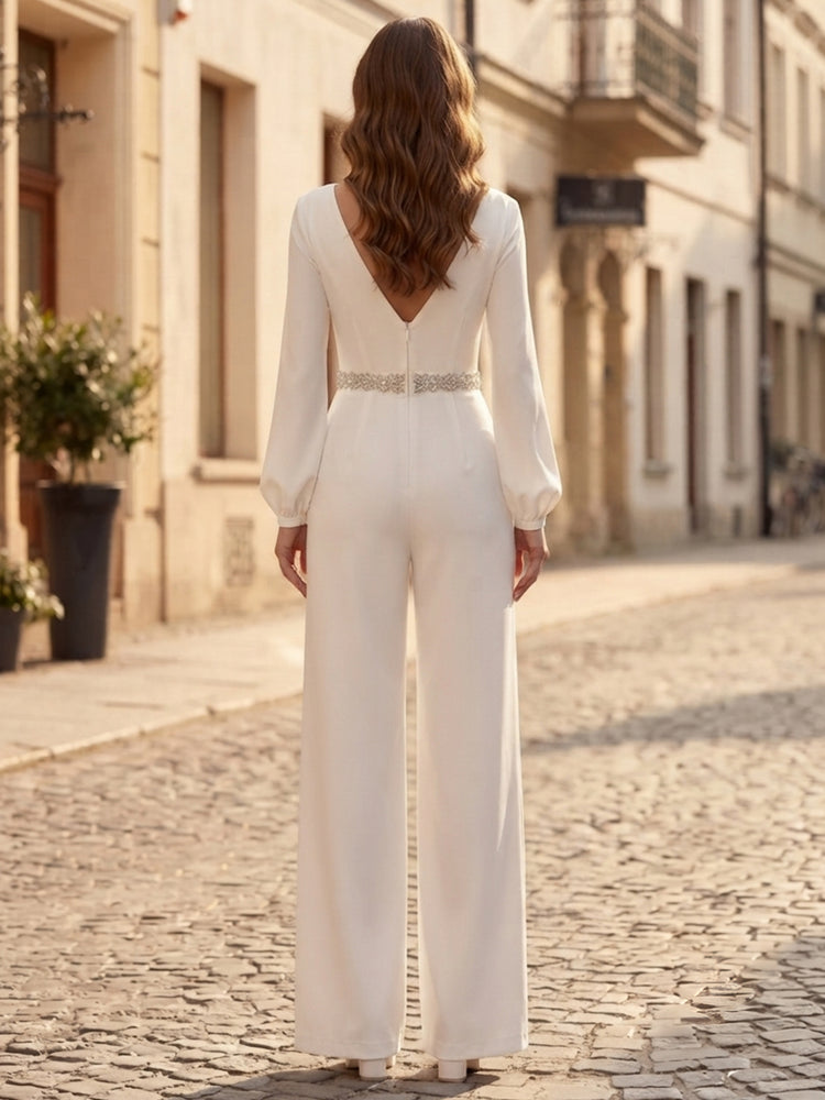 Satin Jumpsuit V Neck Long Evening Dresses with Rhinestone