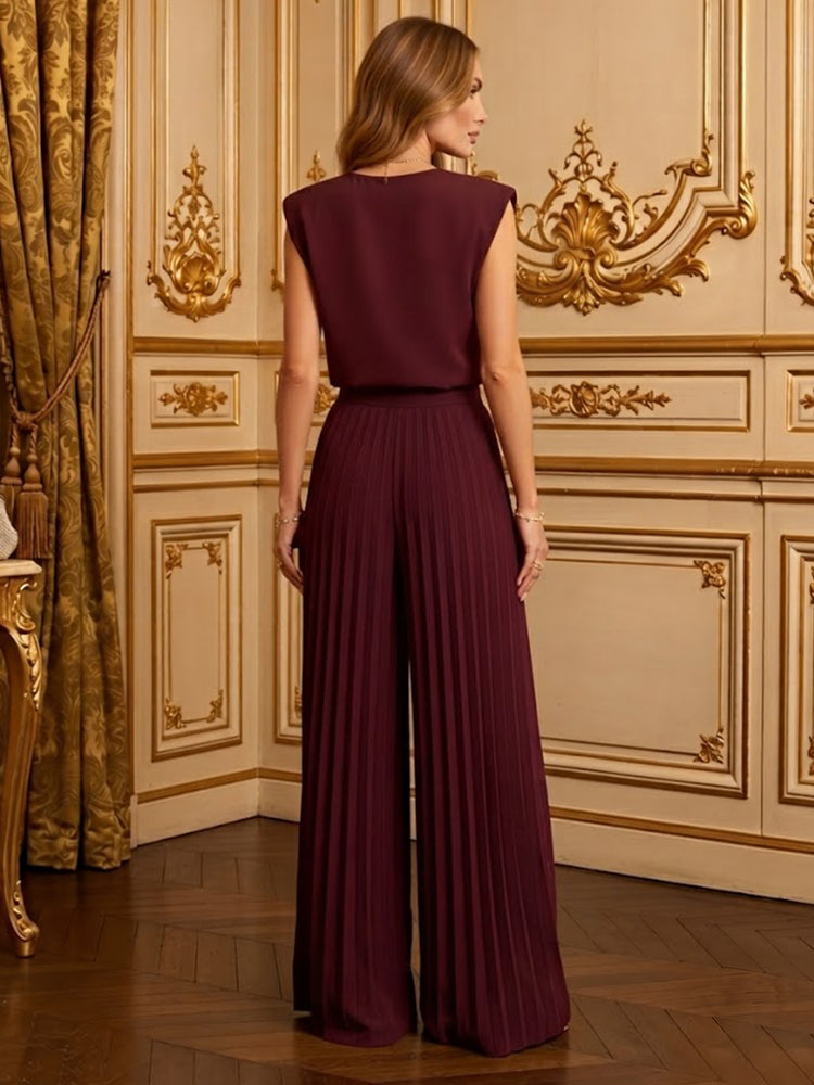 Satin Pantsuit Boat Neck Long Evening Dresses with Pleated