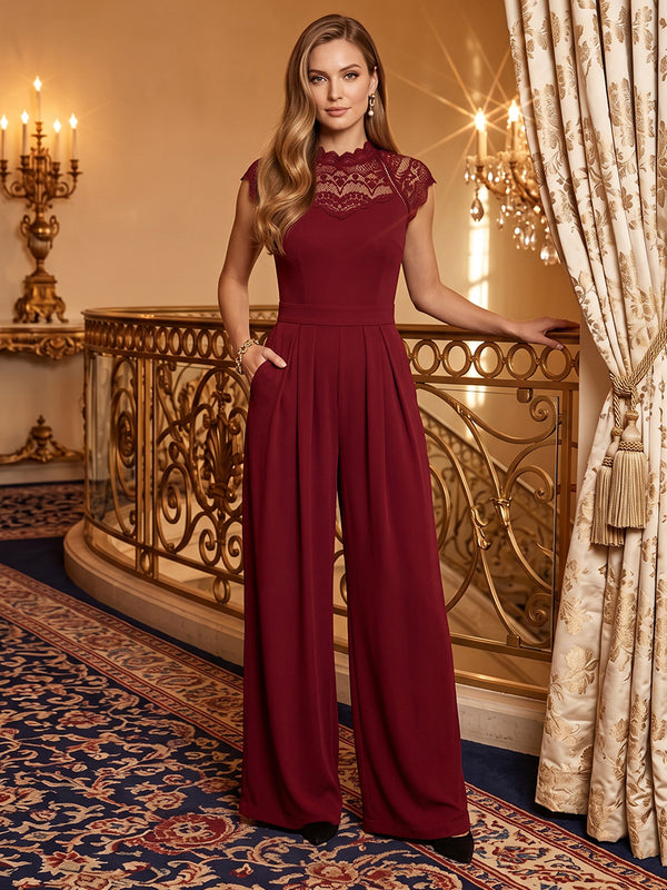 Chiffon Jumpsuit High Neck Long Evening Dresses with Lace Applique