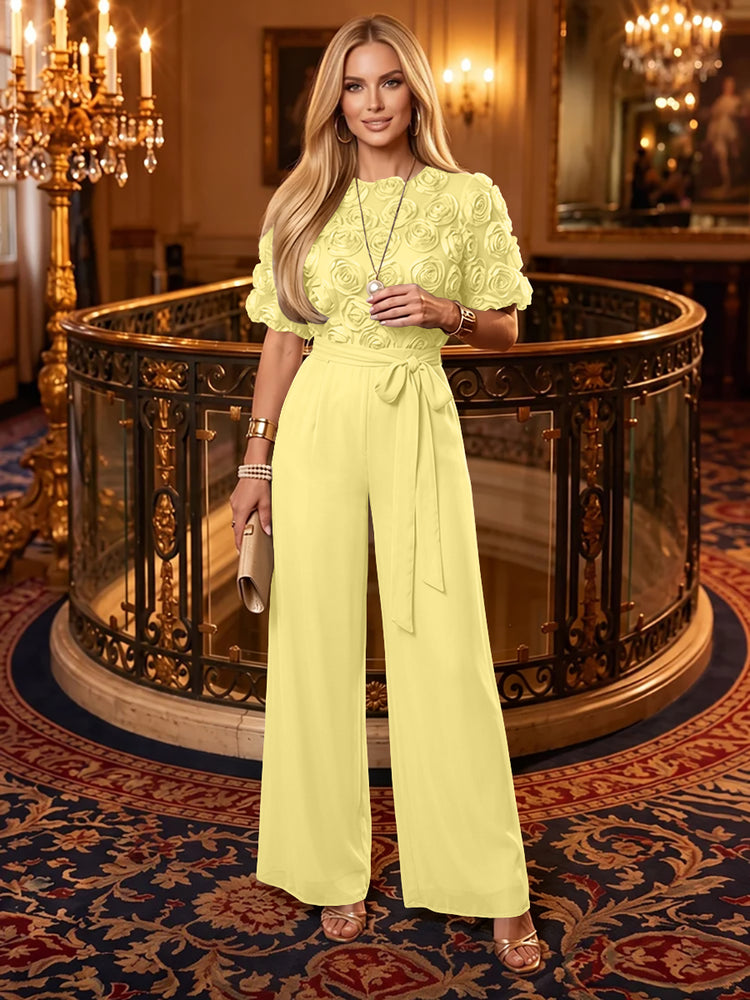 Chiffon Jumpsuit Boat Neck  Long Evening Dresses with 3D Flowers