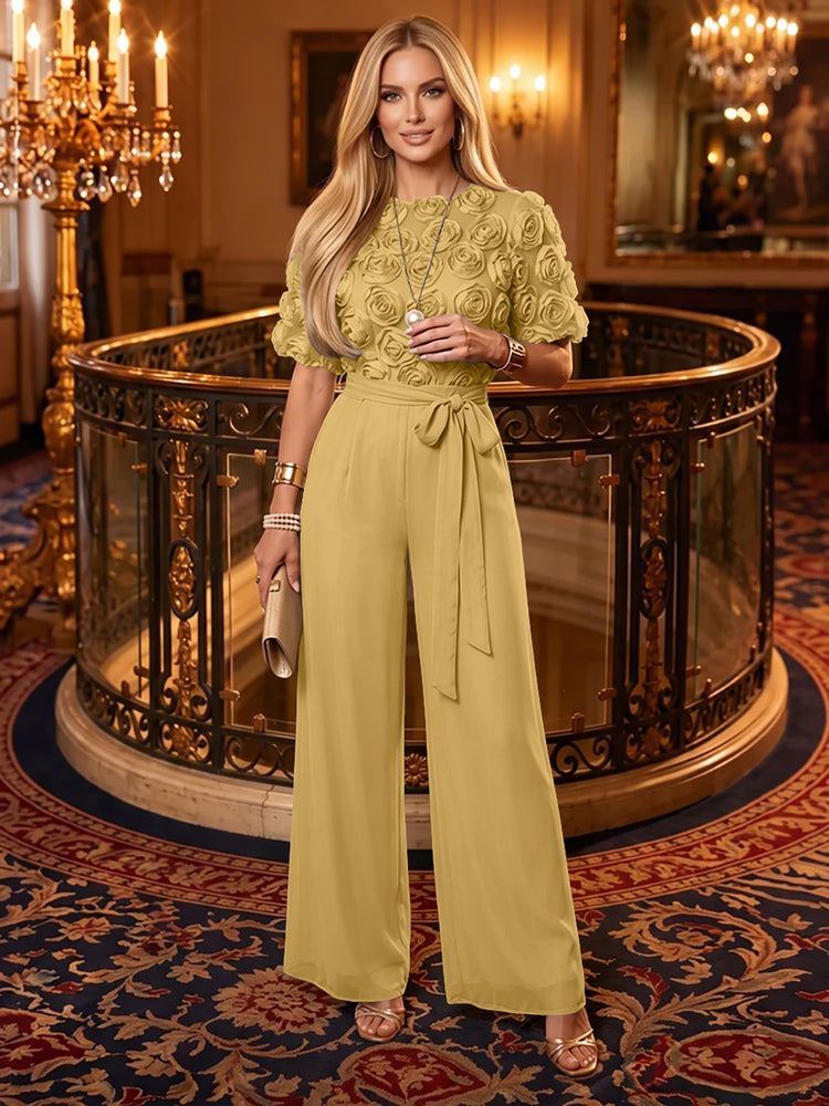 Chiffon Jumpsuit Boat Neck  Long Evening Dresses with 3D Flowers