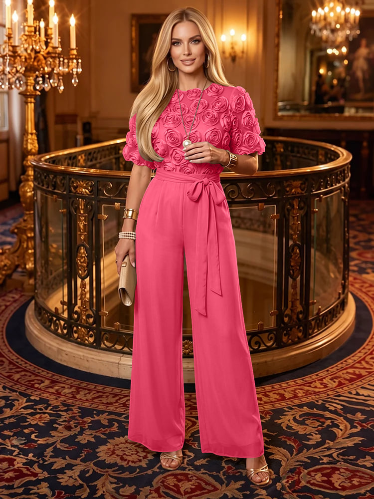 Chiffon Jumpsuit Boat Neck  Long Evening Dresses with 3D Flowers