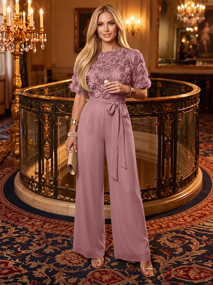 Chiffon Jumpsuit Boat Neck  Long Evening Dresses with 3D Flowers