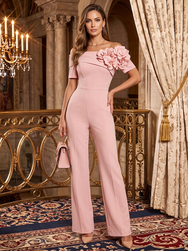 Satin Jumpsuit Off the Shoulder Long Evening Dresses with 3D Flowers