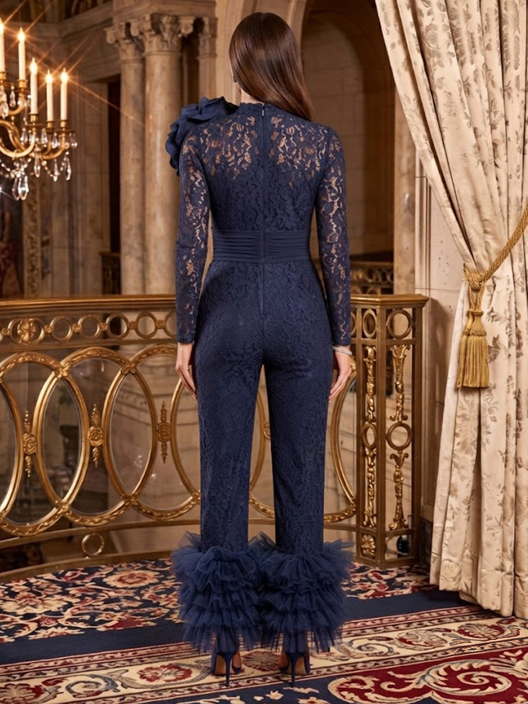Lace Appliques Jumpsuit High Neck Long Evening Dresses with 3D Flowers