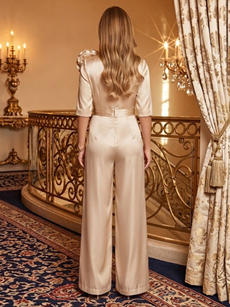 Satin Jumpsuit Boat Neck Long Evening Dresses with 3D Flowers