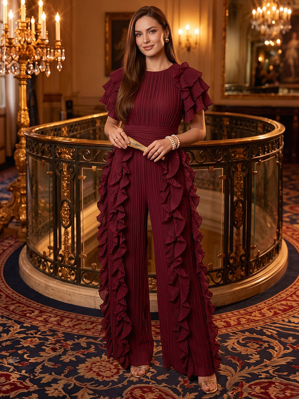 Chiffon Jumpsuit Boat Neck Long Evening Dresses with Ruffles