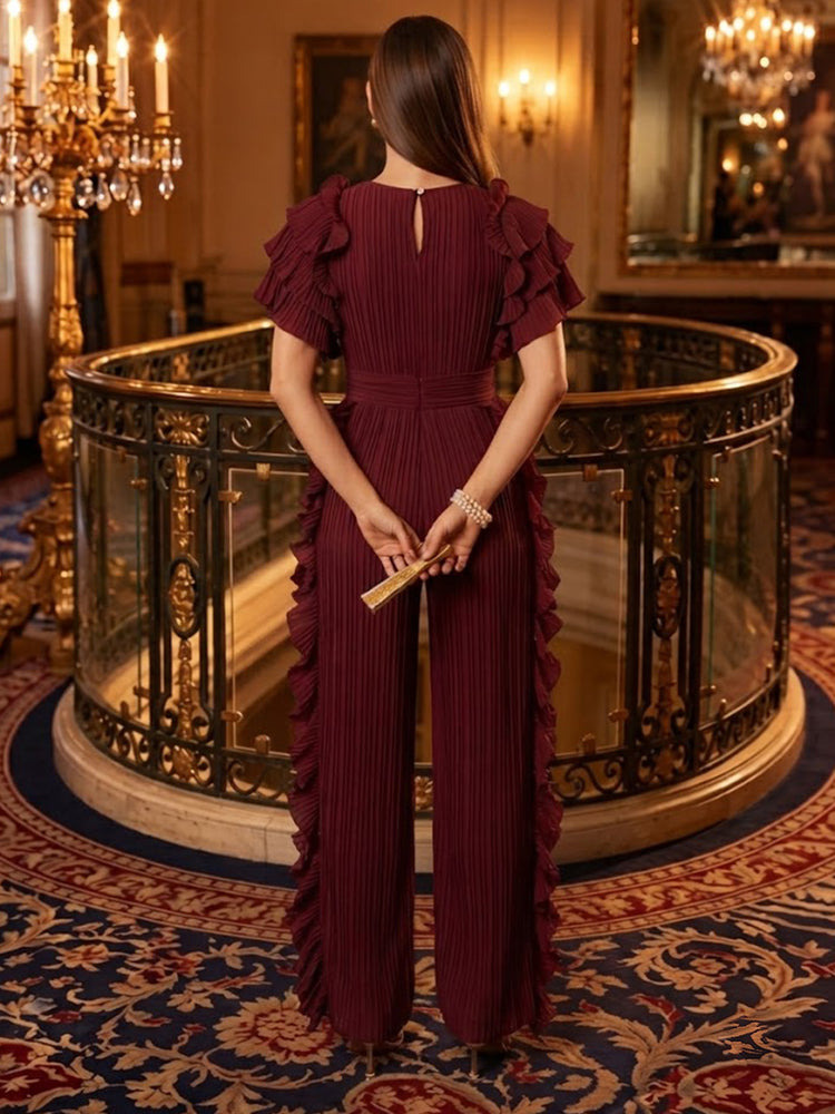 Chiffon Jumpsuit Boat Neck Long Evening Dresses with Ruffles