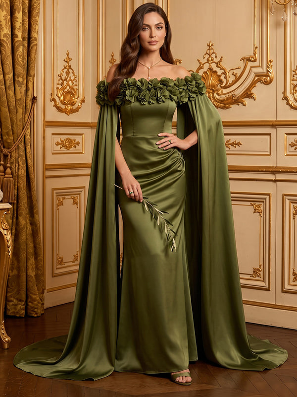Satin Mermaid Off the Shoulder Long Evening Dresses with 3D Flowers