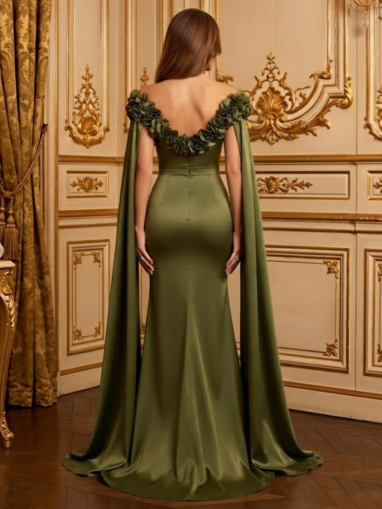 Satin Mermaid Off the Shoulder Long Evening Dresses with 3D Flowers