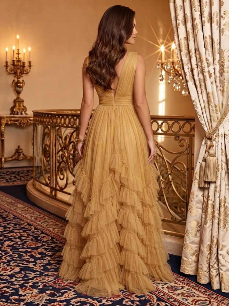 Tulle A-Line V Neck Long Evening Dresses with Ruffles