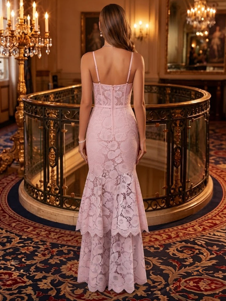 Laces Mermaid Spaghetti Straps Long Evening Dresses with Tiered