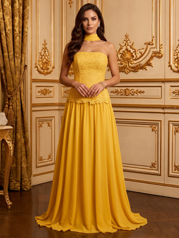 Chiffon Mermaid Strapless Long Evening Dresses with Lace Applique