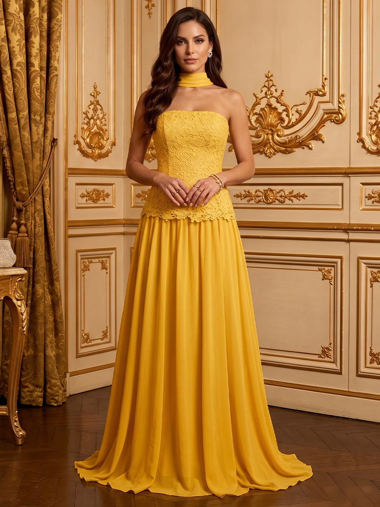 Chiffon Mermaid Strapless Long Evening Dresses with Lace Applique