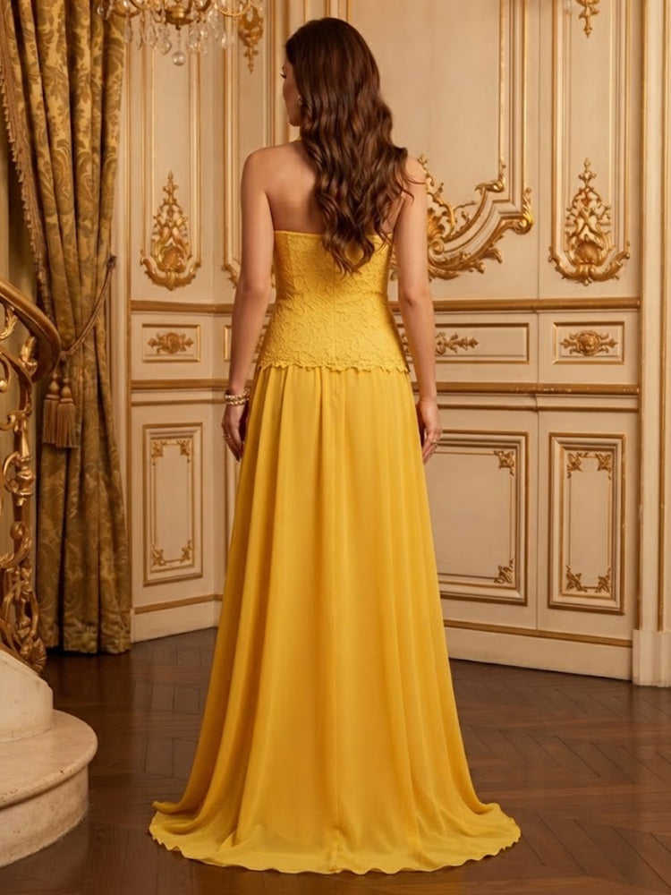 Chiffon Mermaid Strapless Long Evening Dresses with Lace Applique
