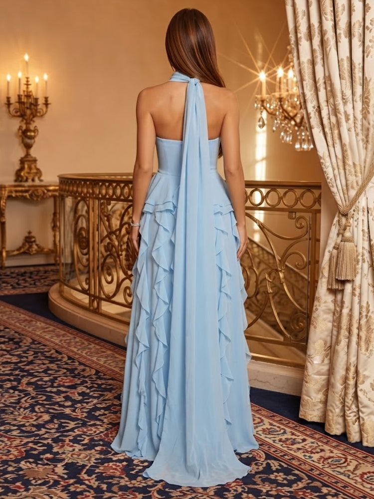Chiffon A-Line Strapless Long Evening Dresses with Ruffles