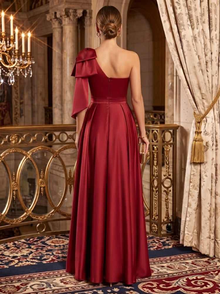 Satin A-Line One Shoulder Long Evening Dresses with Bow
