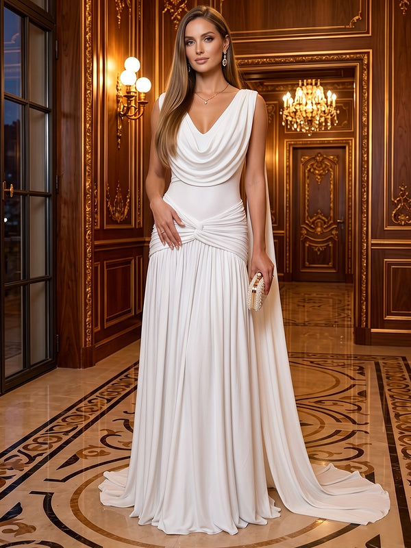 Chiffon A-Line Cowl Neck Long Evening Dresses with Pleated
