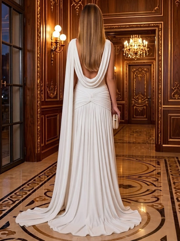 Chiffon A-Line Cowl Neck Long Evening Dresses with Pleated