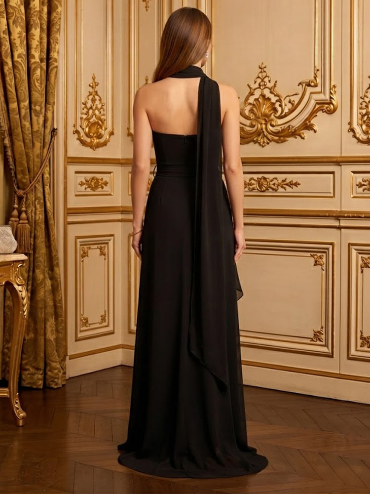 Chiffon A-Line Strapless Long Evening Dresses with Scarf