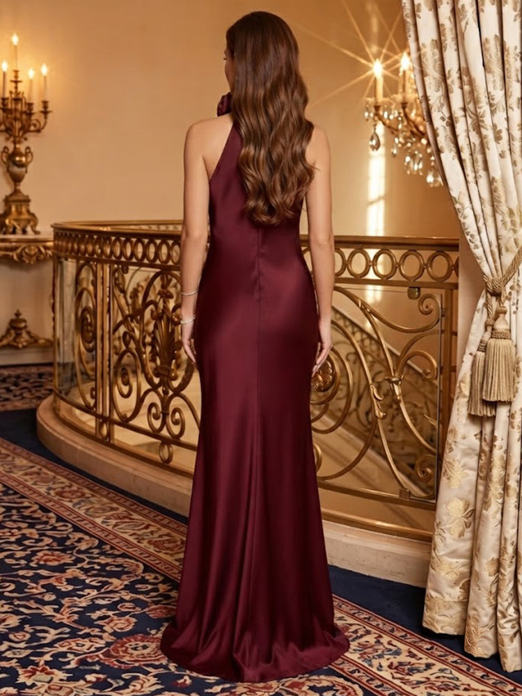 Satin Mermaid Halter Long Evening Dresses with 3D Flowers