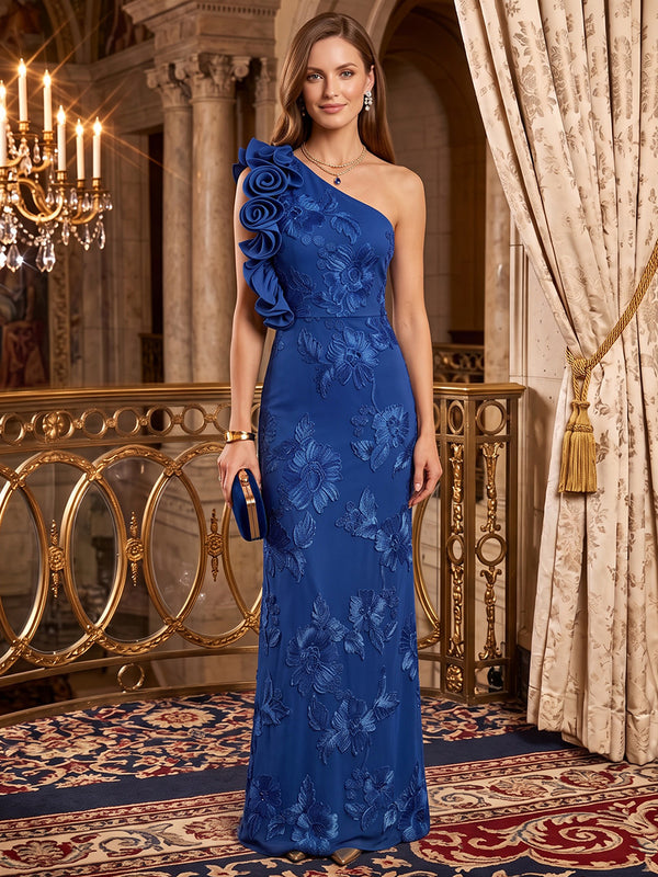 Jacquard Mermaid One Shoulder Long Evening Dresses with 3D Flowers