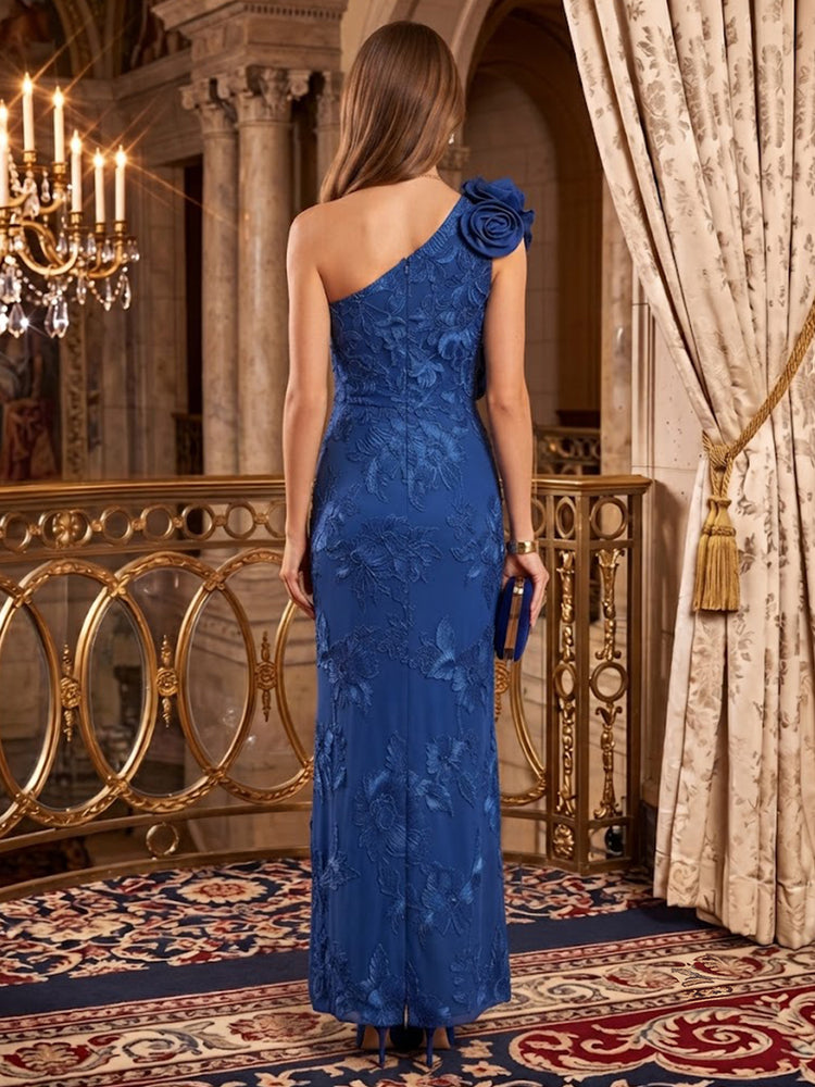Jacquard Mermaid One Shoulder Long Evening Dresses with 3D Flowers