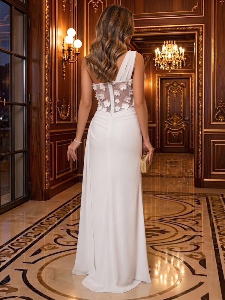 Chiffon Mermaid One Shoulder Long Evening Dresses with Lace Applique