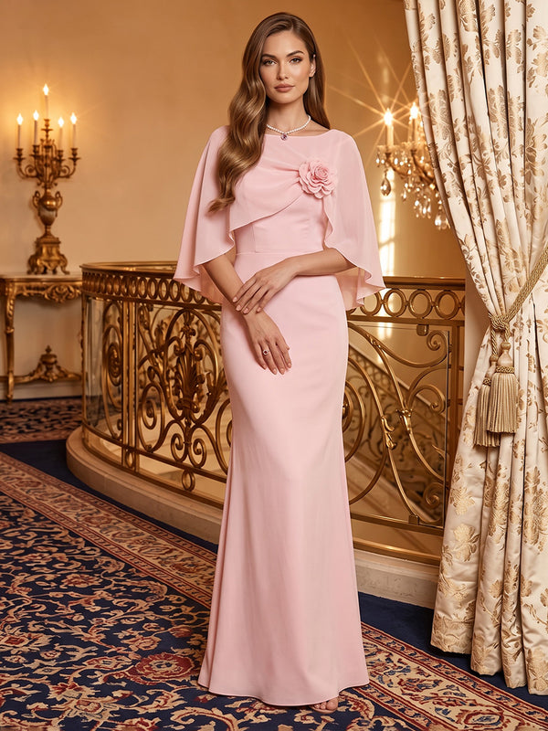 Chiffon Mermaid Boat Neck Long Evening Dresses with 3D Flowers