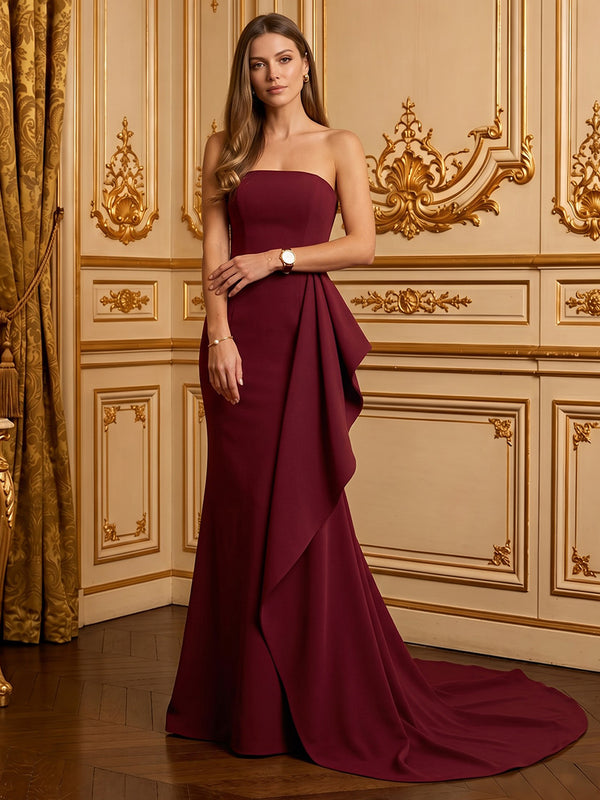 Satin Mermaid Strapless Long Evening Dresses with Ruffles