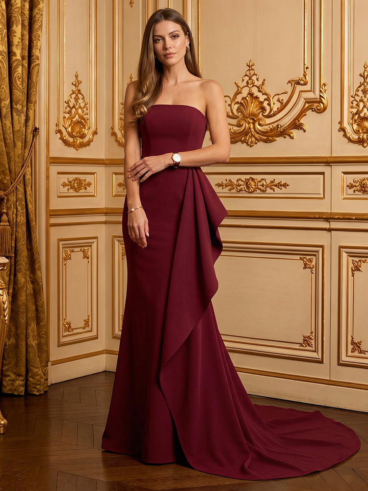 Satin Mermaid Strapless Long Evening Dresses with Ruffles