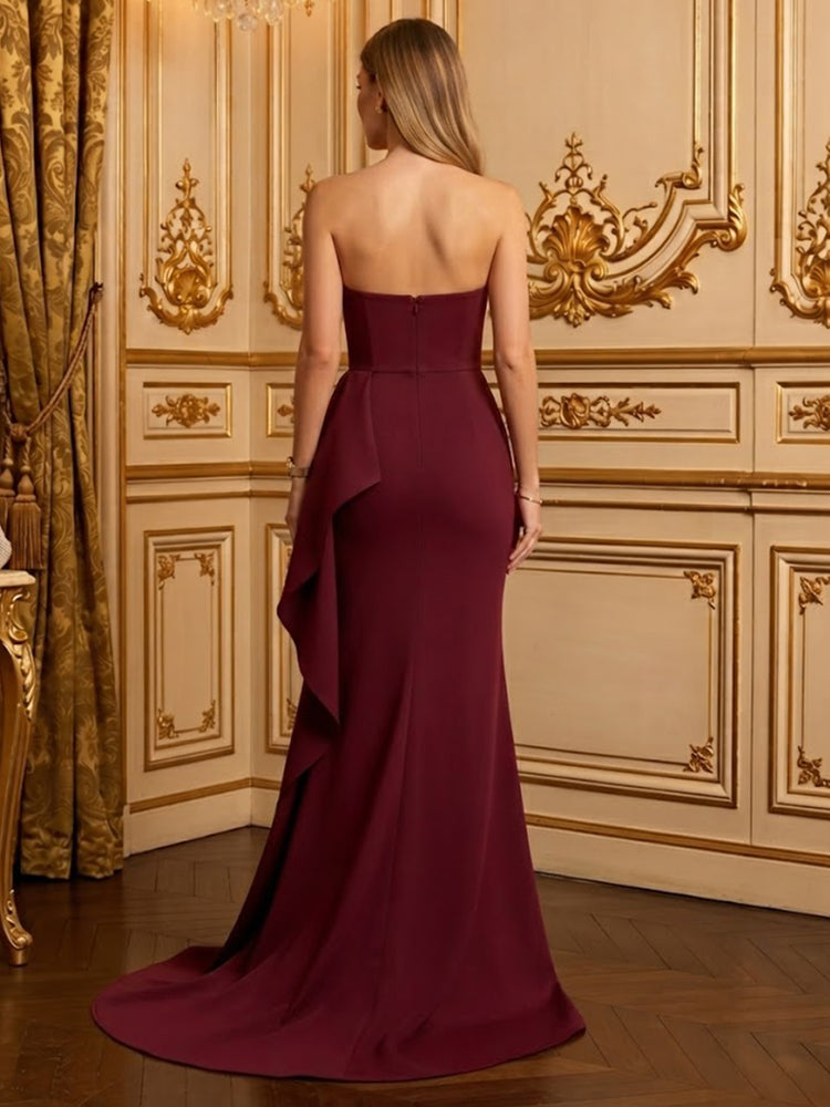 Satin Mermaid Strapless Long Evening Dresses with Ruffles