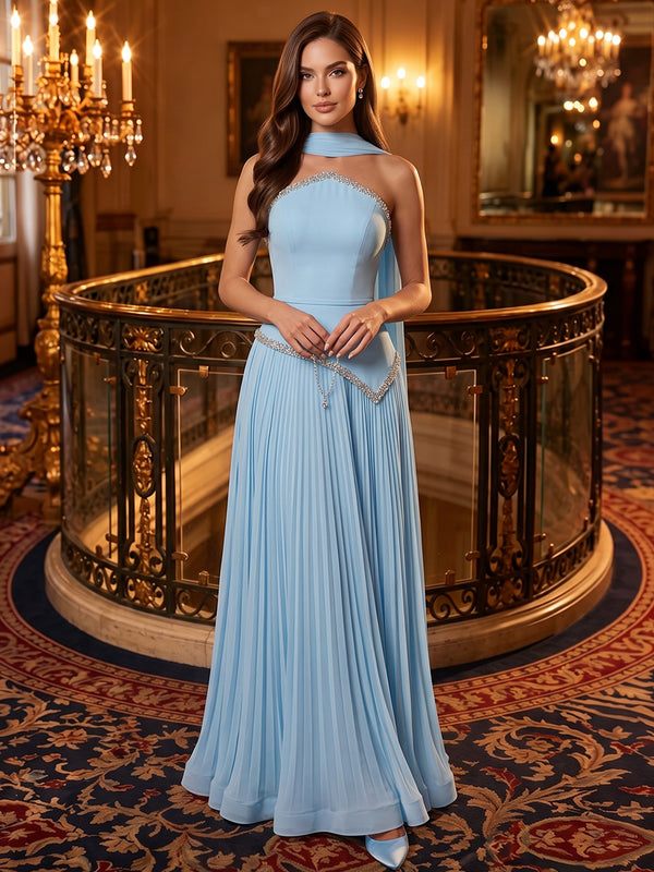 Chiffon A-Line Strapless Long Evening Dresses with Scarf