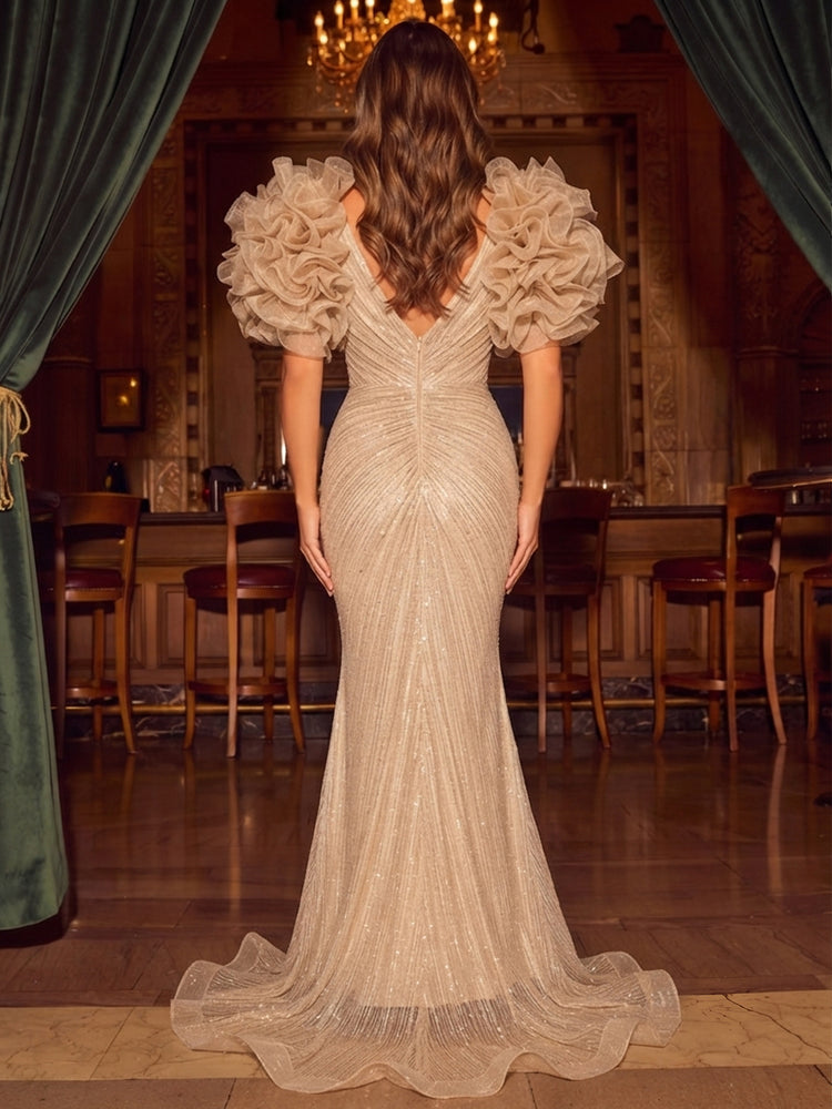 Sequin Mermaid V Neck Long Evening Dresses with Pleated