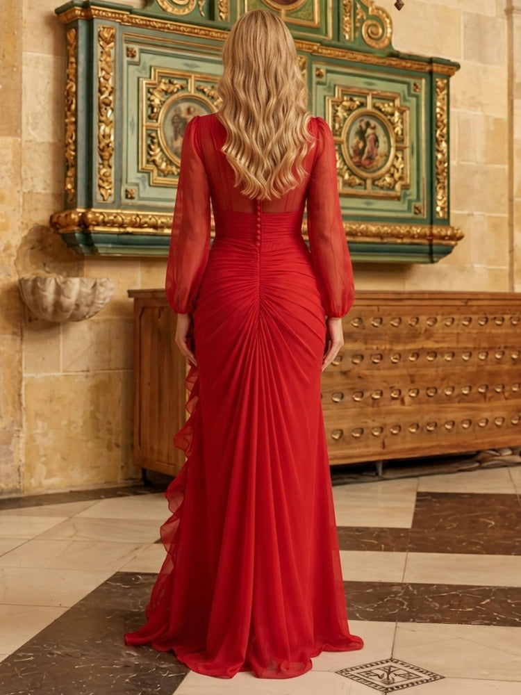 Chiffon Mermaid Boat Neck  Long Evening Dresses with Slit