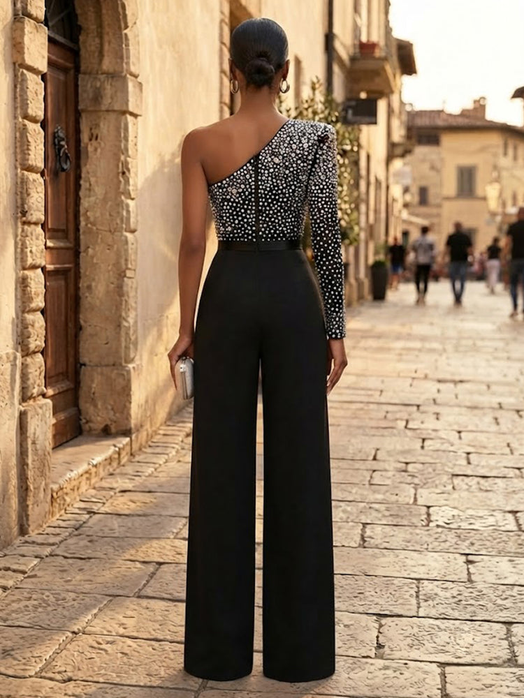 Satin Jumpsuit One Shoulder Long Evening Dresses with Glitter