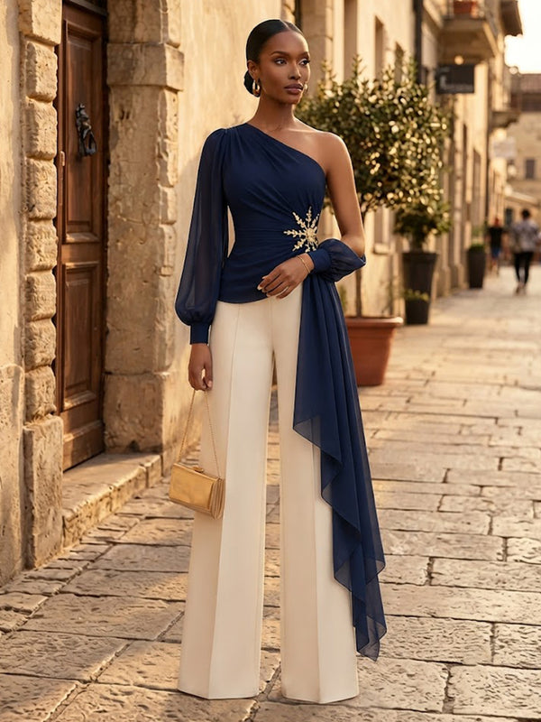 Satin Jumpsuit One Shoulder Long Evening Dresses with Pleated