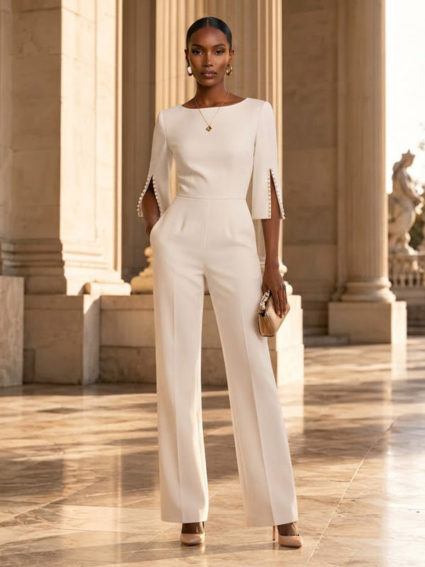Satin Jumpsuit Scoop Neck Long Evening Dresses with Pleated