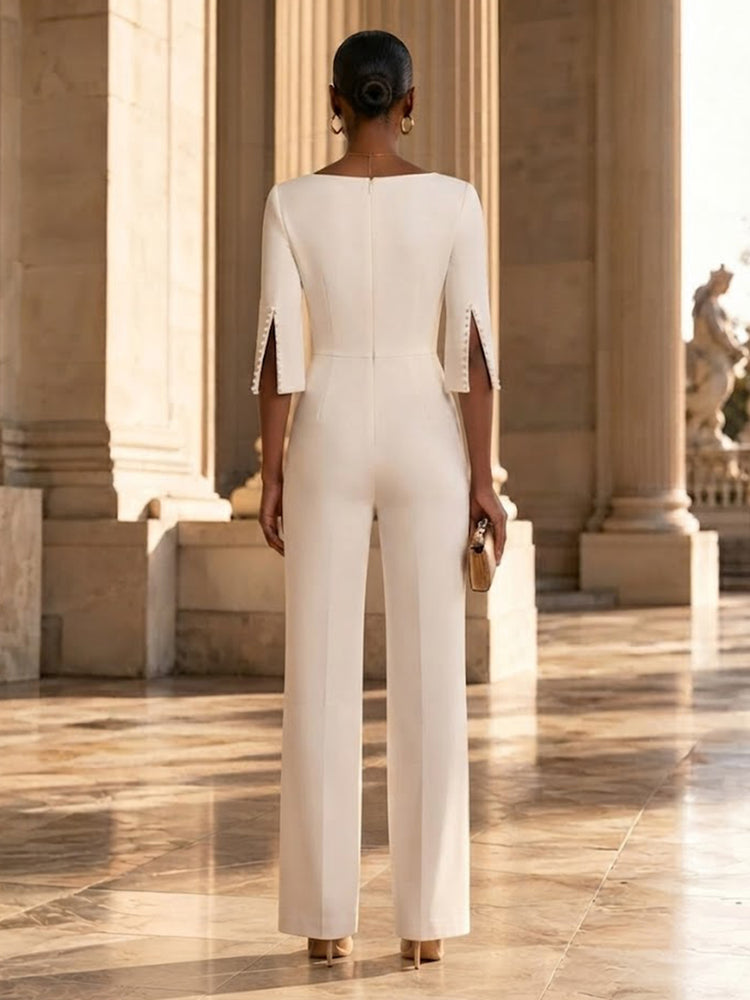 Satin Jumpsuit Scoop Neck Long Evening Dresses with Pleated