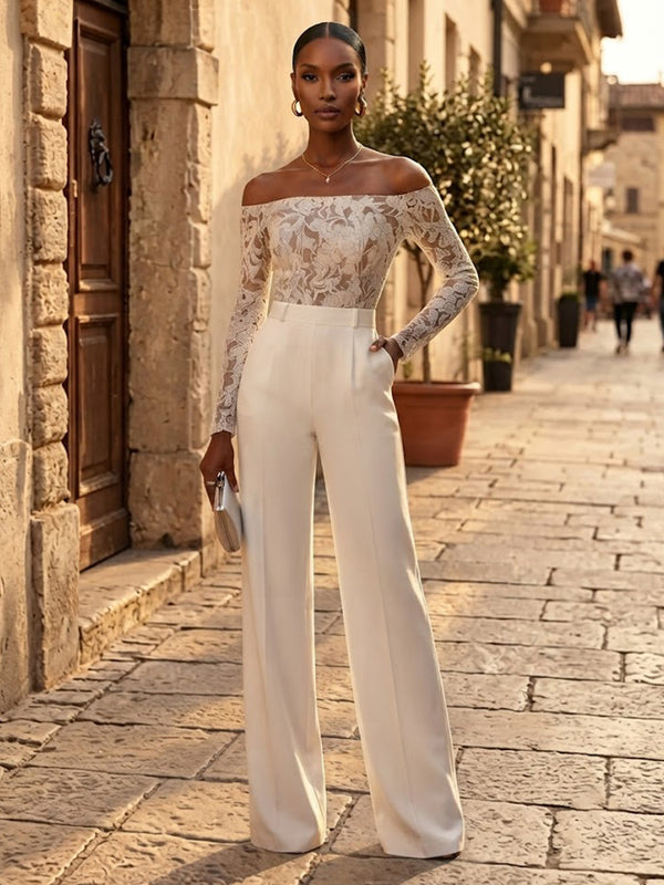 Satin Jumpsuit Off the Shoulder Long Evening Dresses with Lace Applique