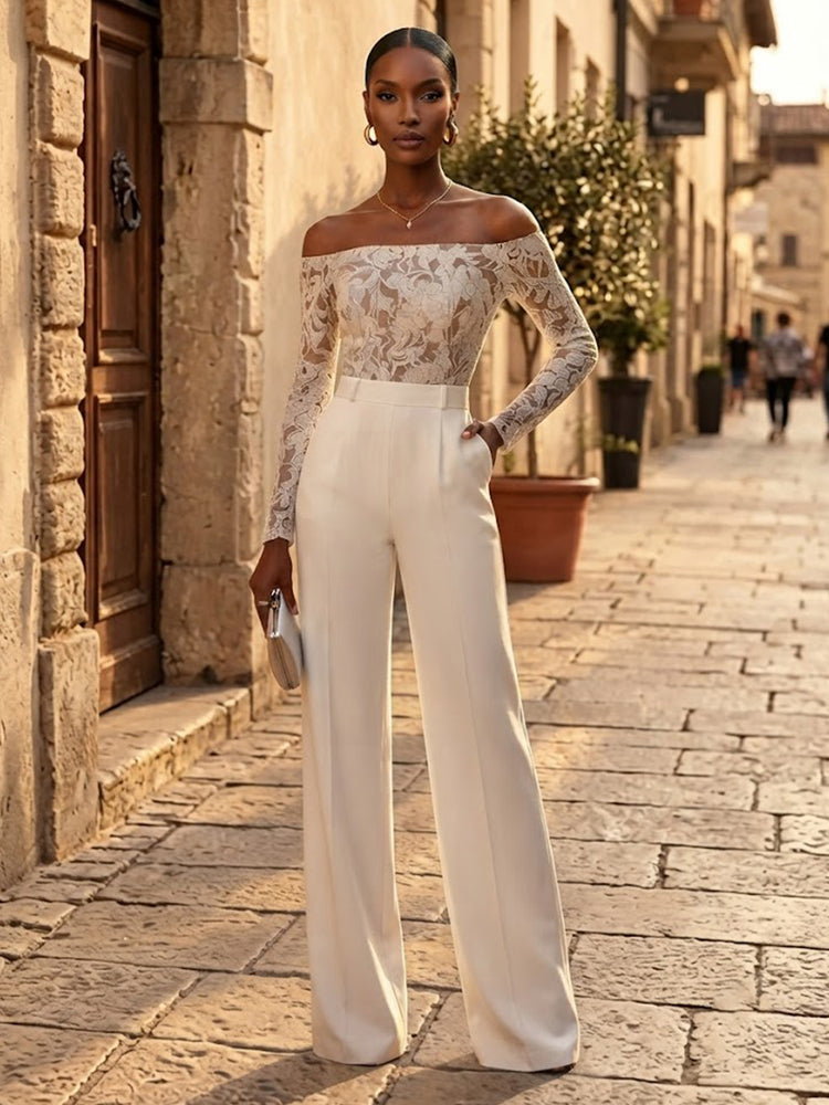 Satin Jumpsuit Off the Shoulder Long Evening Dresses with Lace Applique